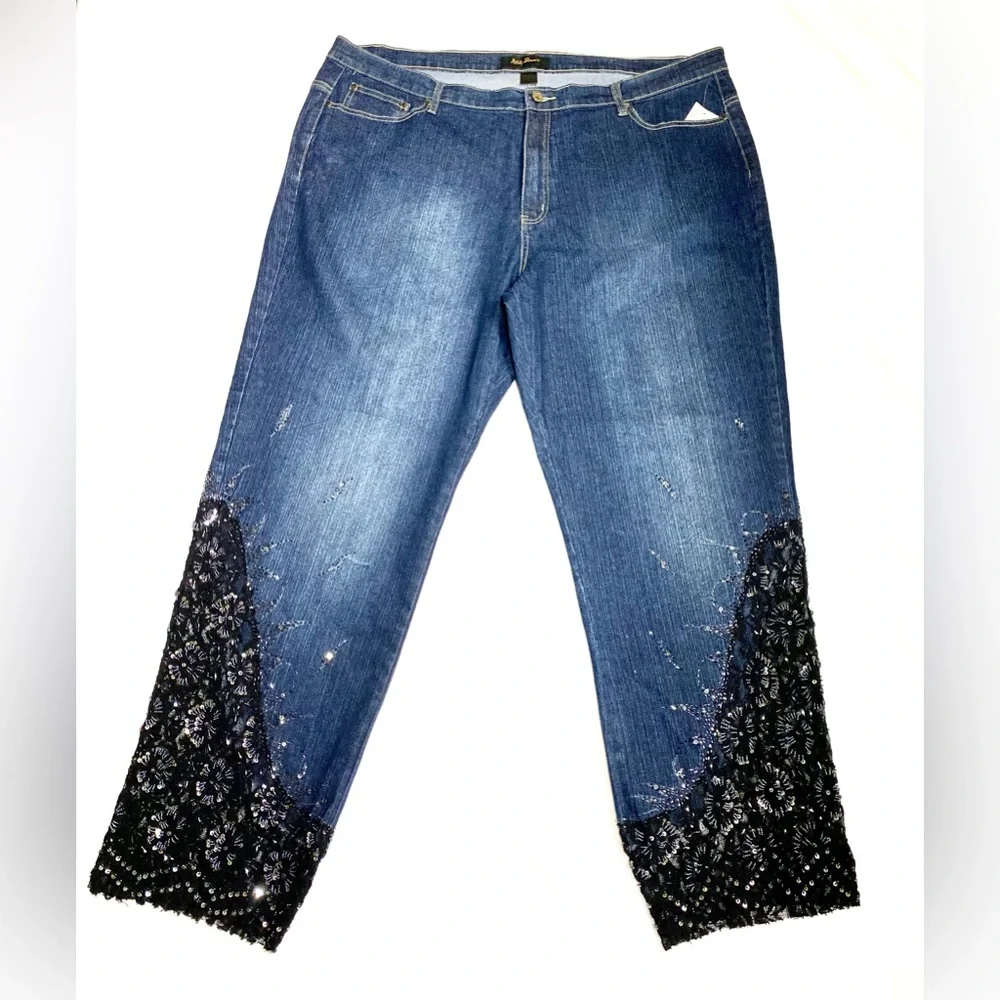 Embellished deep blue denim jeans Sequin Black Lace Embroidered Capri - Picture 1 of 13